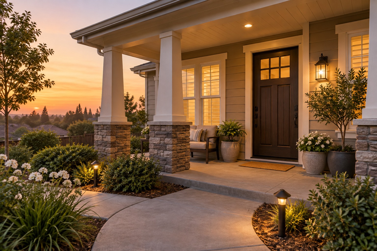 A Sacramento-area front porch at dusk, illustrative