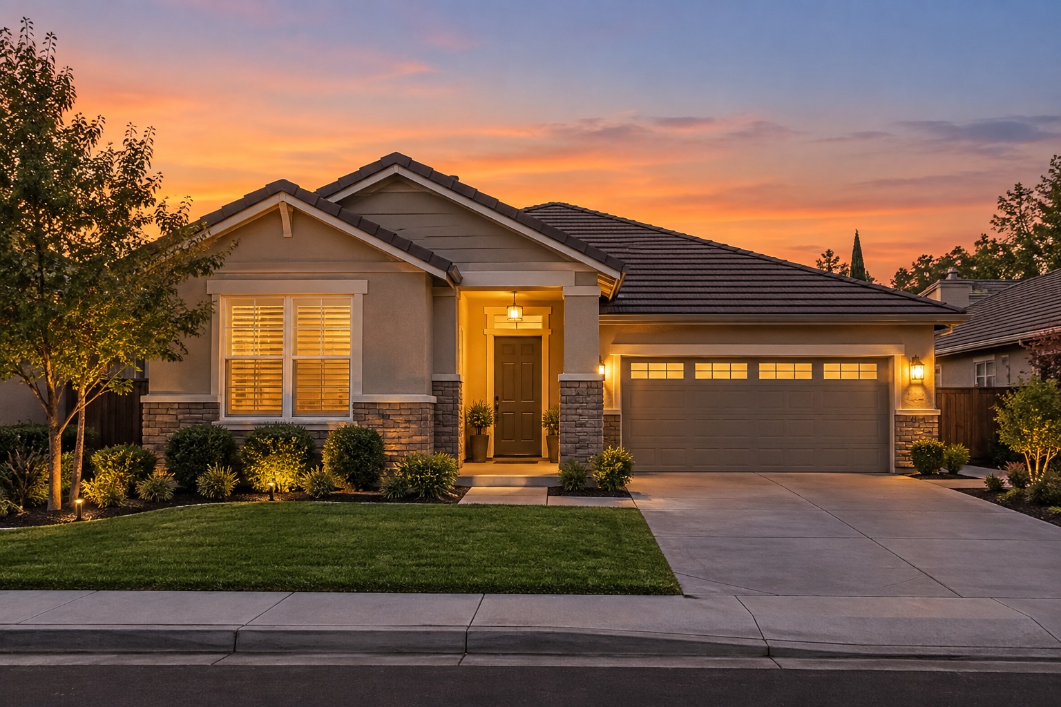 A Sacramento-area home at dusk, illustrative