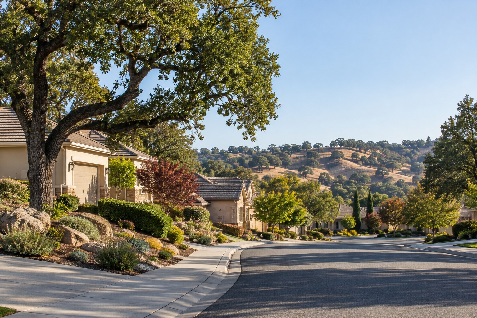 A Rocklin street with foothill views, illustrative
